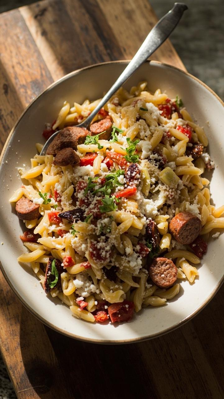 Sliced sausage tossed with orzo dotted by chopped sun dried tomatoes and quartered artichoke hearts with a sprinkle of crumbled goat cheese and chopped parsley in a shallow white bowl on a wooden board