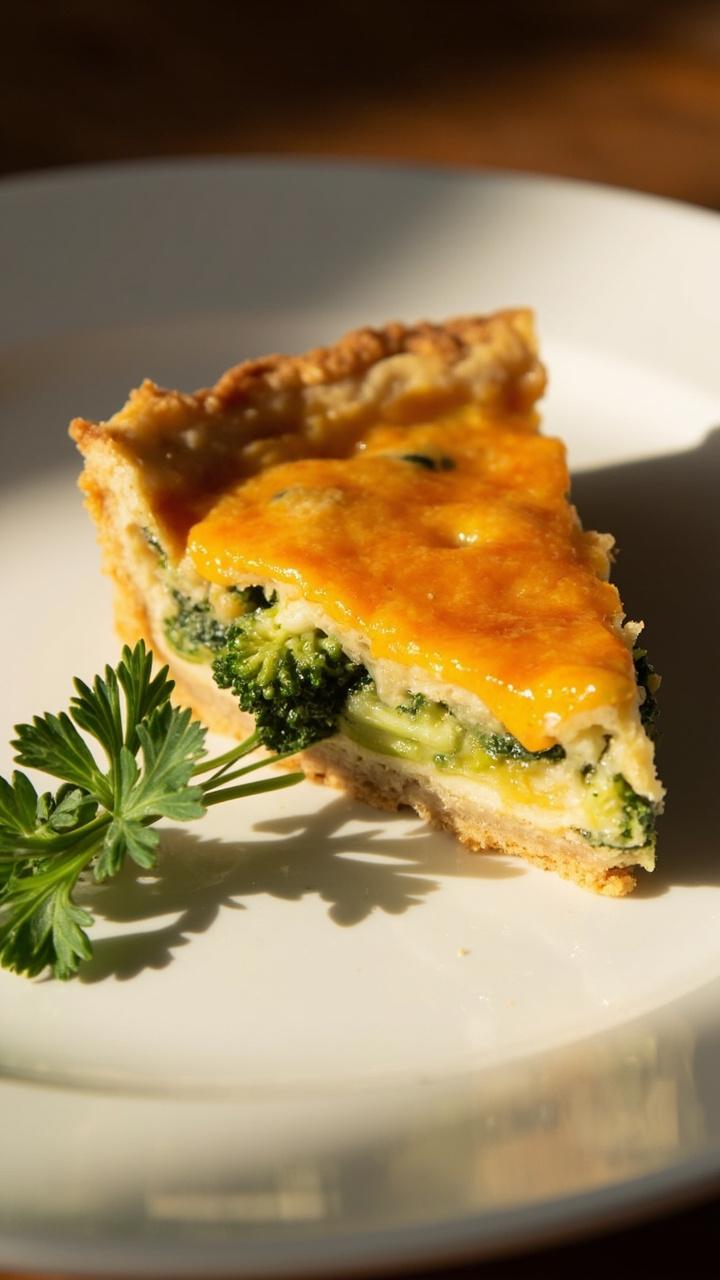 A golden wedge of quiche on a simple white plate bright green broccoli florets peeking through melted orange cheddar a flaky golden crust and a small sprig of parsley beside the slice