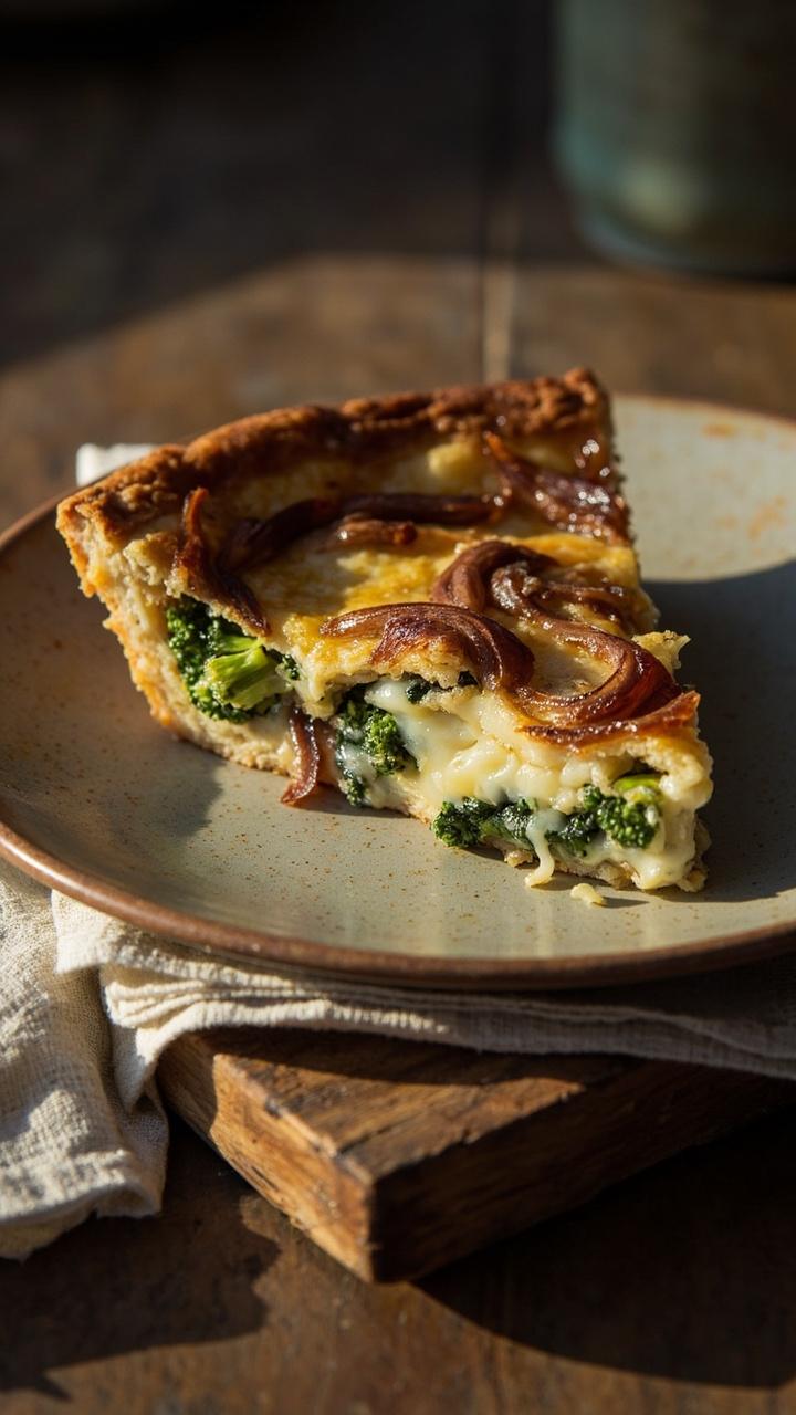 A slice of quiche with a glossy top and visible thin ribbons of caramelized onion melted pale Gruyere and tender broccoli florets on a ceramic plate with a linen napkin and a small wooden board