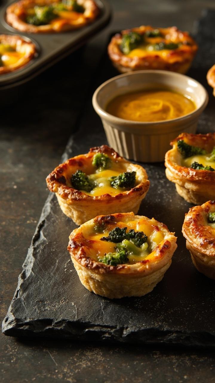 A cluster of golden mini quiches in a muffin tin some removed and placed on a slate board each showing bright broccoli pieces and melted cheddar with a small ramekin of mustard on the side