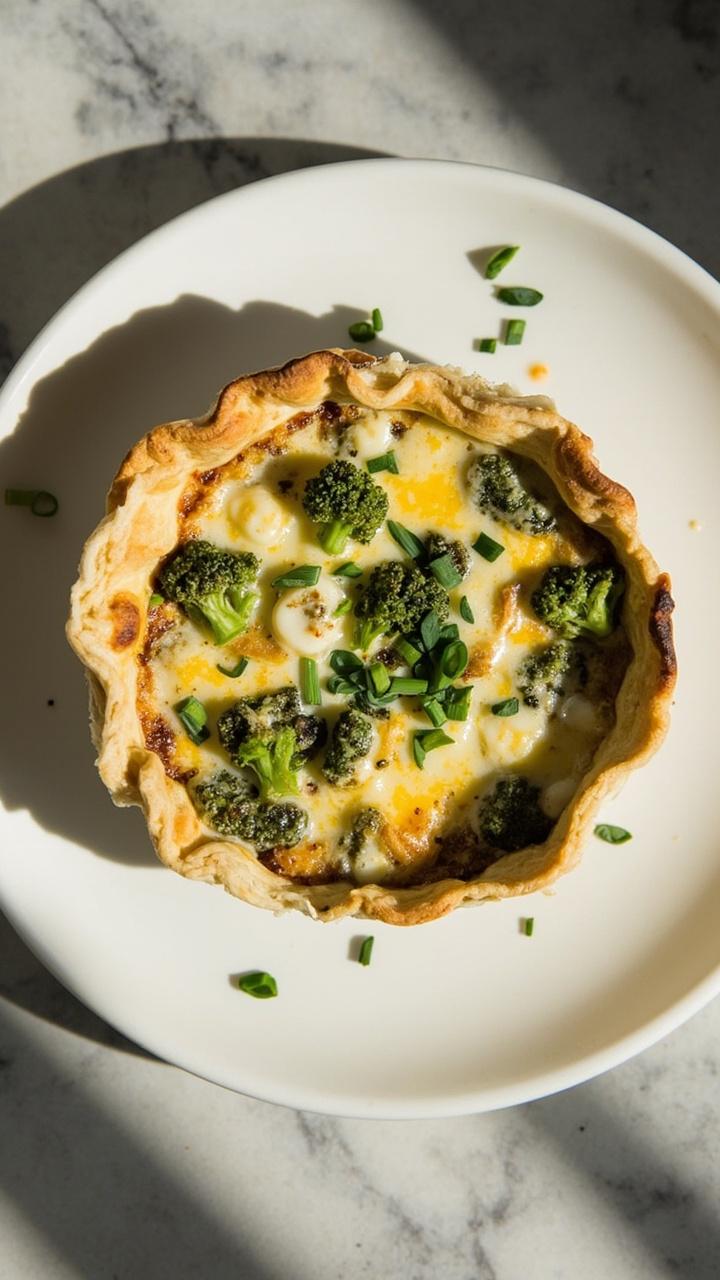 A round crustless quiche on a white serving plate showing a creamy pale interior flecked with green broccoli and specks of three cheeses topped with a small scatter of finely chopped chives