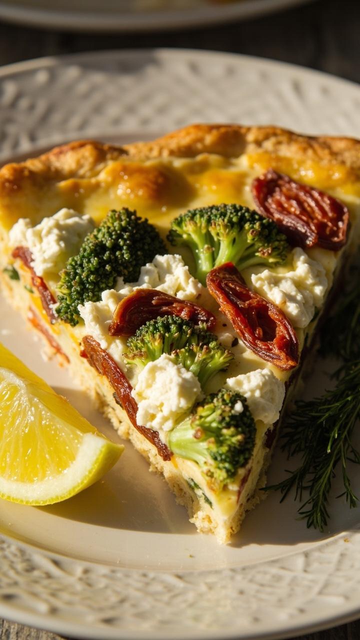 A slice of quiche with crumbly white feta and red strips of sun dried tomato visible against green broccoli atop a pale patterned plate with a lemon wedge and a sprig of dill