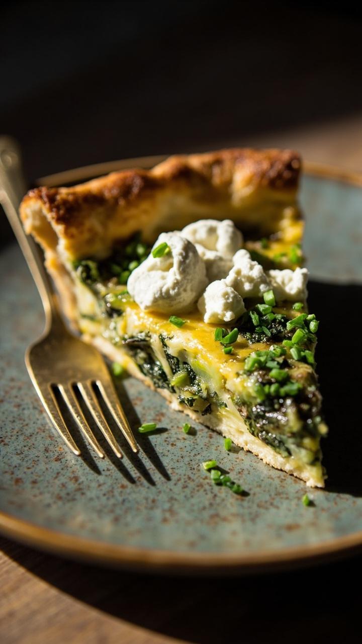 A wedge of quiche with soft white goat cheese crumbles green leek ribbons and broccoli on a ceramic plate garnished with a few chopped chives and a small brass fork