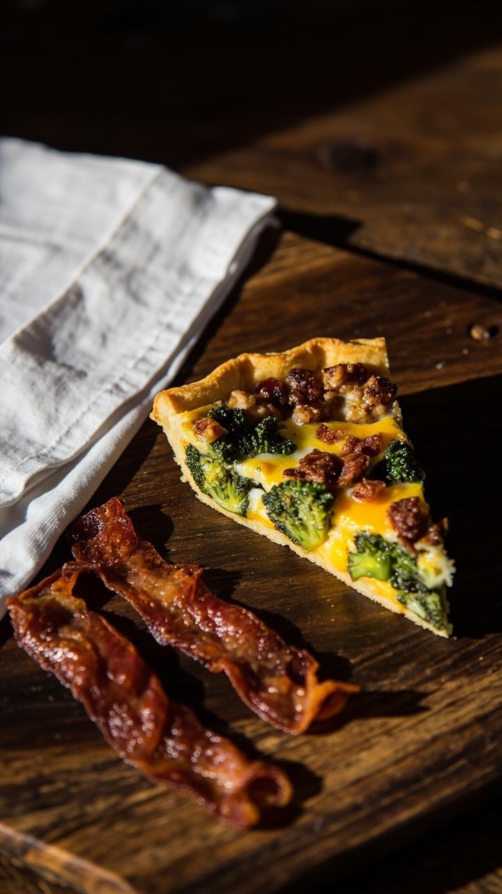 A golden slice of quiche with visible crispy bacon bits melted cheddar and green broccoli on a wooden board with two extra bacon slices beside the slice and a plain white napkin