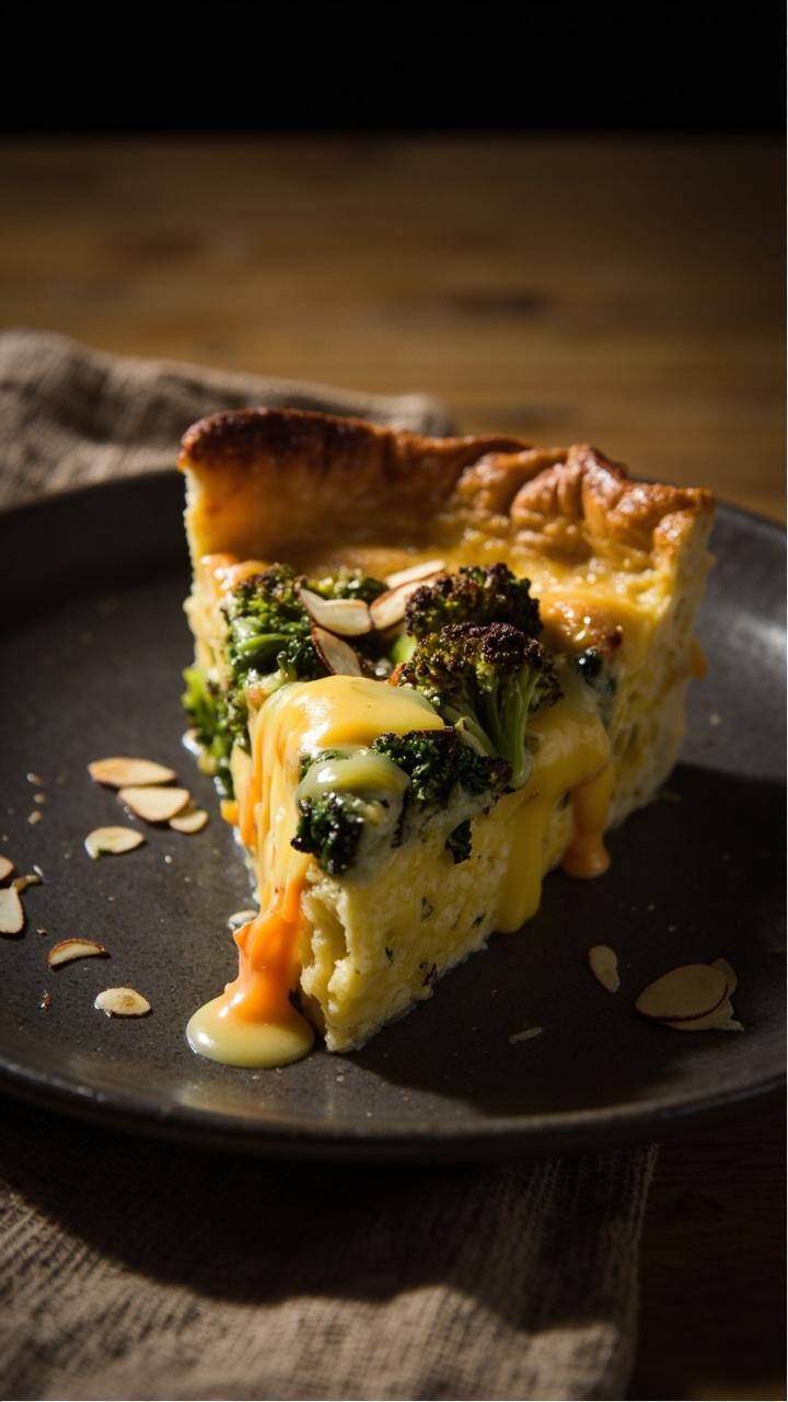 A slice of quiche on a dark plate with pale orange melted smoked Gouda visible along the edges green broccoli and a few toasted almond slivers scattered on top with a linen napkin