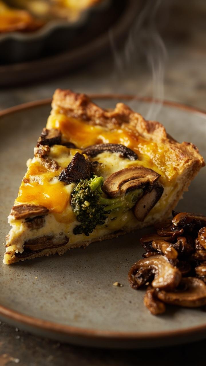 A generous slice of quiche with brown sautéed mushroom slices tender broccoli and melted cheddar on a neutral ceramic plate with a small pile of extra sautéed mushrooms beside it