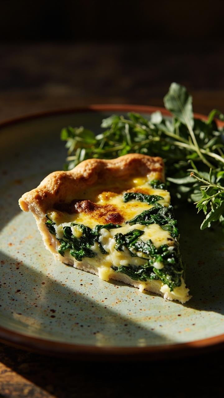 A slice of quiche with a flecked green crust a vibrant filling of spinach broccoli and cheddar on a rustic plate with a small bundle of fresh herbs beside it