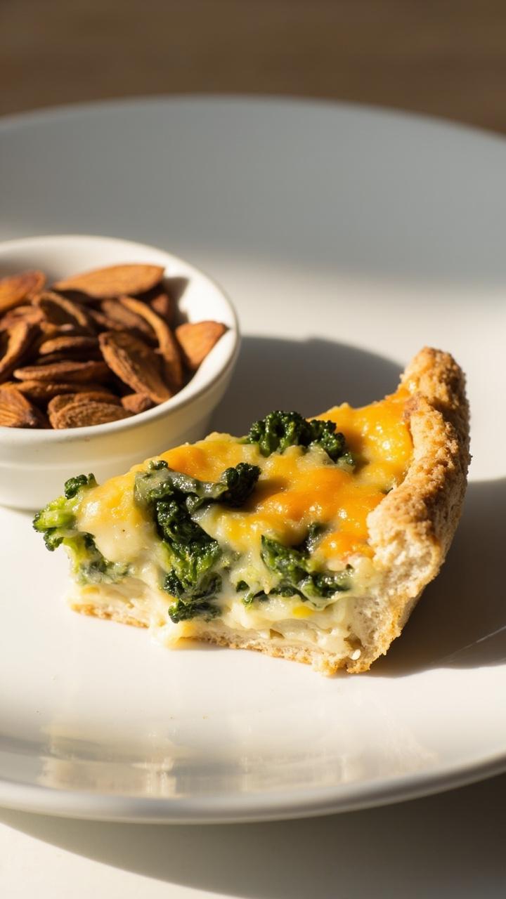 A slice of quiche with a light golden almond flour crust a creamy interior studded with broccoli and cheddar sitting on a white plate with a small dish of toasted almond slivers beside it